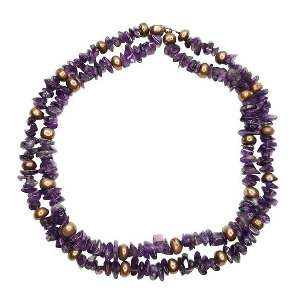 Double Strand Purple Amethyst Nugget Beaded Necklace w Bronze Colored Pearls 18" - Picture 1 of 5
